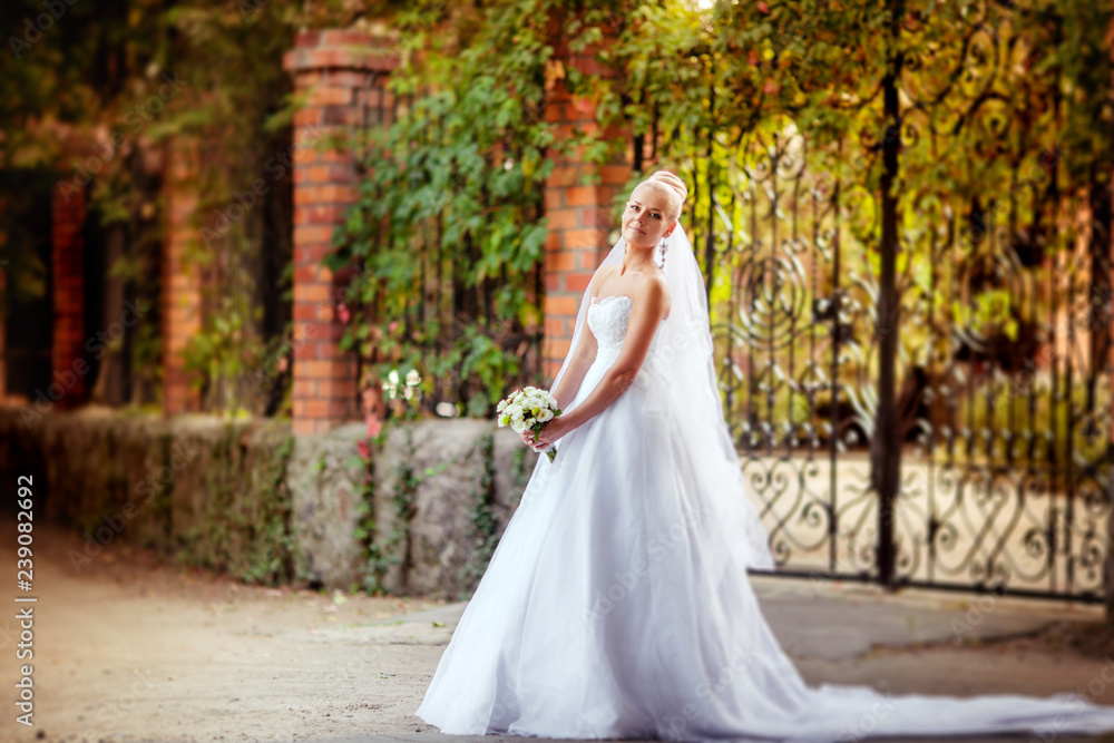 Beautiful bride in white dress in the autumn garden
