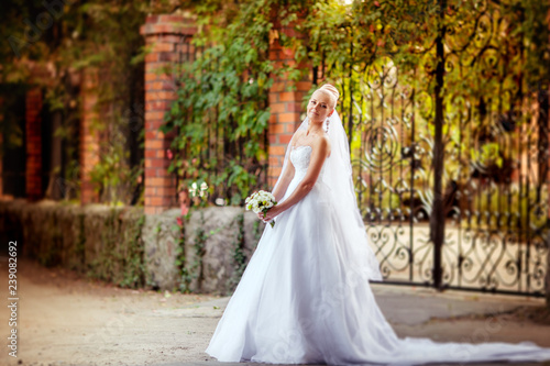 Beautiful bride in white dress in the autumn garden