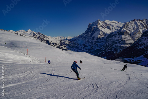 Grindelwald Skigebiet Kleine Scheidegg Lauberhorn rote piste Wetterhorn 4 Skifahrer gute Verhältnisse schönes Wetter blauer Himmel 