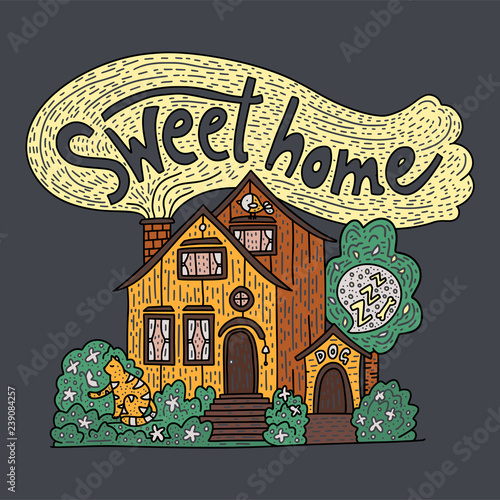 Country doodle detailed cottage with hand drawn lettering - sweet home.