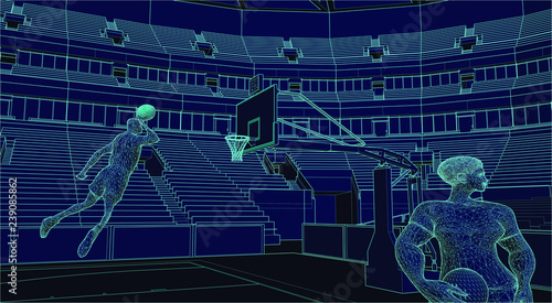 professional basketball players in a stadium illustrated in wire-frame style