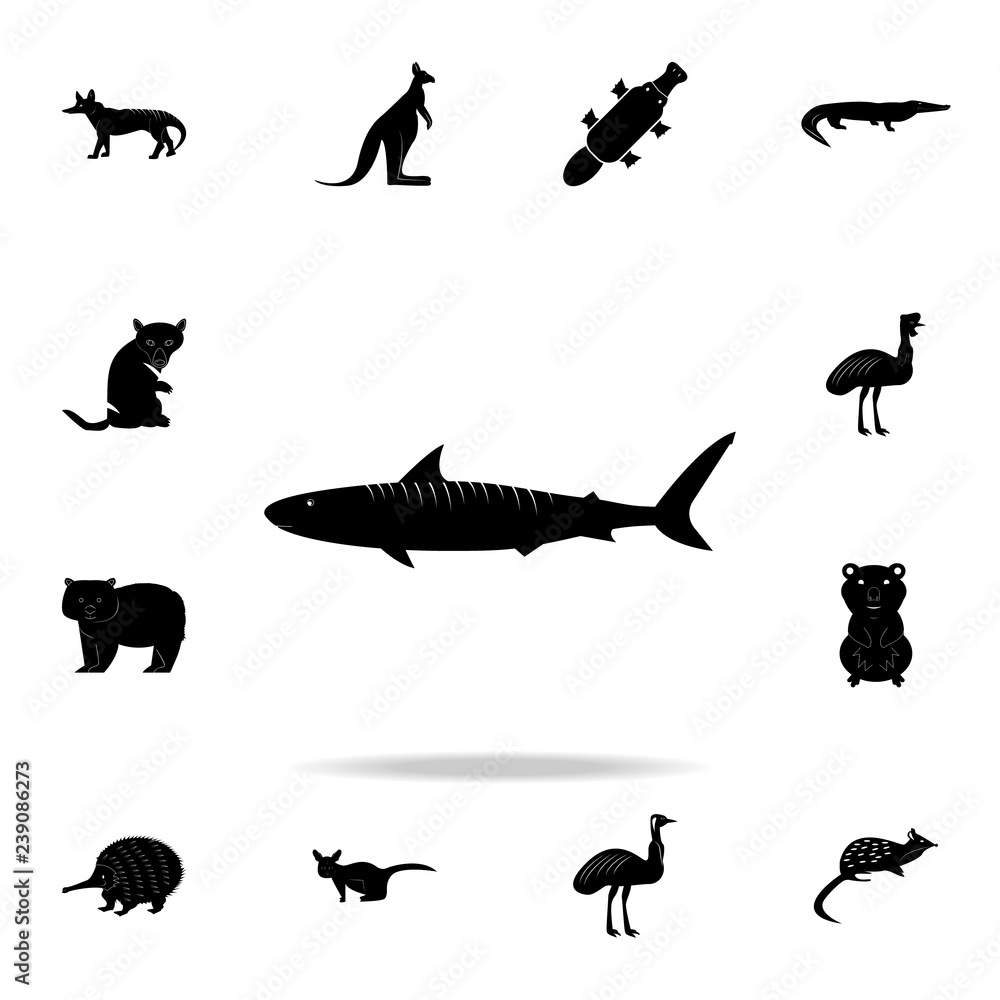 Tiger shark icon. Detailed set of Australian animal silhouette icons. Premium graphic design. One of the collection icons for websites, web design, mobile app Tiger shark icon. Detailed set of Australian animal silhouette icons. Premium graphic design. One of the collection icons for websites, web design, mobile app