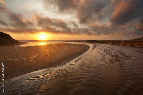 California Beach at Sunset, Creek flowing into Pacific Ocean