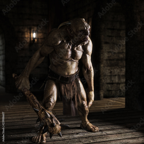 An evil troll with spiked club wandering the labyrinth halls looking for prey . 3d rendering