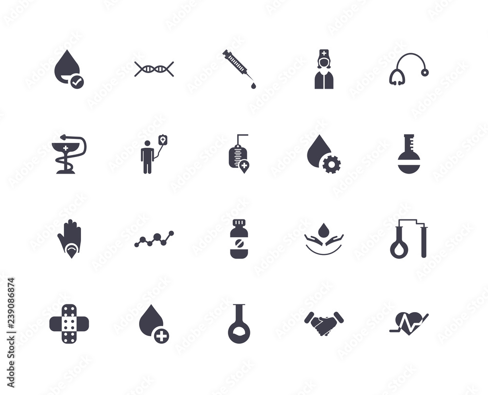 20 icons related to Heartbeat, Handshake, Flask, Blood, Band aid, Stethoscope, Medicine, Blood donation, signs. Vector illustration isolated on white background.