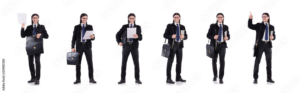 Young businessman holding briefcase isolated on white