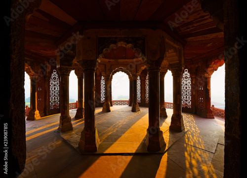 Agra Fort in Agra, India – Ornately decorated room inside the Agra Fort designed and built by the great Mughal ruler Akbar, in about 1565 A.D.