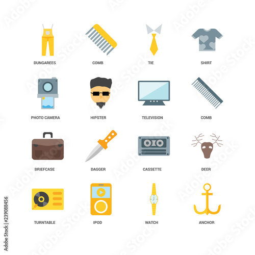 16 icons related to Anchor, Watch, Ipod, Turntable, Deer, Dungarees, Photo camera, Briefcase, Television, undefined, undefined signs. Vector illustration isolated on white background.