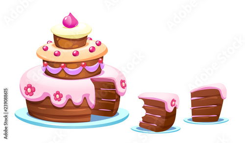 vector illustration of sponge cake with cream meringue and cut off a piece of cake
