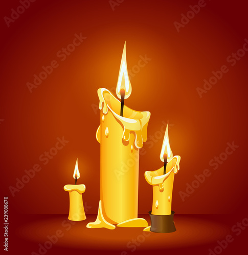 vector illustration of three burning candles on a red background