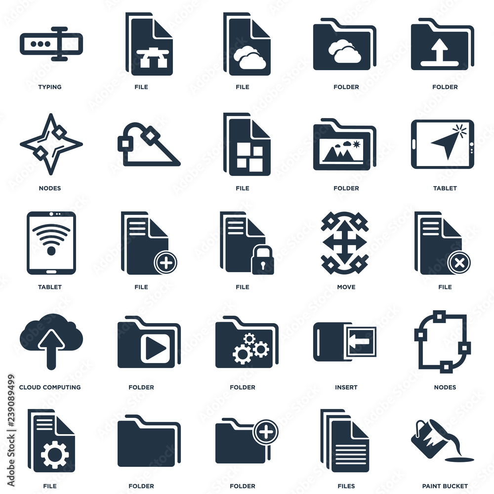 Set Of 25 icons such as Paint bucket, Files, Folder, File, Tablet, Move, Cloud computing, Nodes, File icon Set Of 25 icons such as Paint bucket, Files, Folder, File, Tablet, Move, Cloud computing, Nodes, File icon