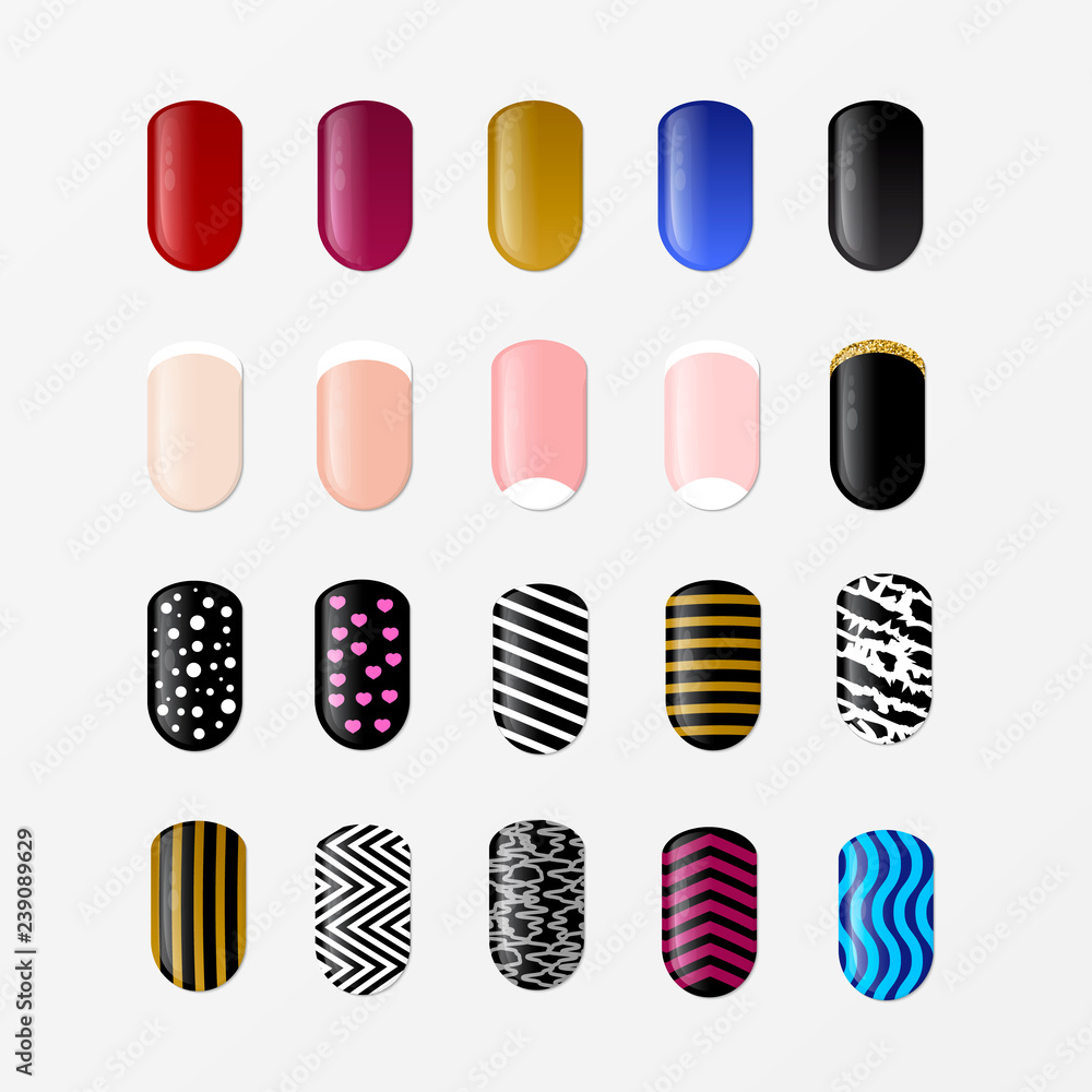 Set of 25 painted nail tips isolated on white. Nail art design concept. Different ideas for DIY manicure and pedicure. Vector illustration. Set of 25 painted nail tips isolated on white. Nail art design concept. Different ideas for DIY manicure and pedicure. Vector illustration.