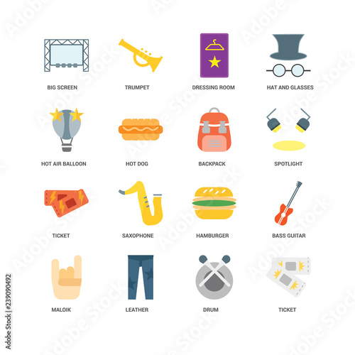 16 icons related to Ticket, Drum, Leather, Maloik, Bass guitar, Big screen, Hot air balloon, Backpack, undefined, undefined signs. Vector illustration isolated on white background.