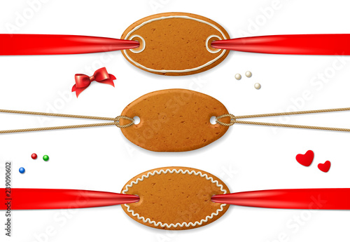 Set of vector realistic Christmas banner frames signages banners, made of realistic Christmas gingerbread, decorated with icing, on a white background