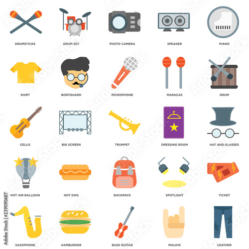 25 icons related to Leather, Hat and glasses, Drum, Drum set, Saxophone, Bodyguard, Spotlight, Cello signs. Vector illustration isolated on white background.