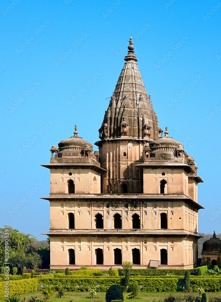 Chhatris or Cenotaphs built in 17th century along the banks of the Betwa River in Orchha, India. 
