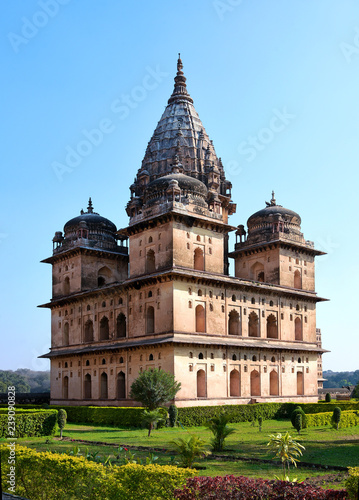 Chhatris or Cenotaphs built in 17th century along the banks of the Betwa River in Orchha, India. 