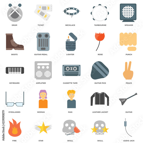 25 icons related to Audio jack, Skull, Star, Fire, Punch, Guitar pick, Man, Eyeglasses, Boots, Necklace, Ticket signs. Vector illustration isolated on white background.