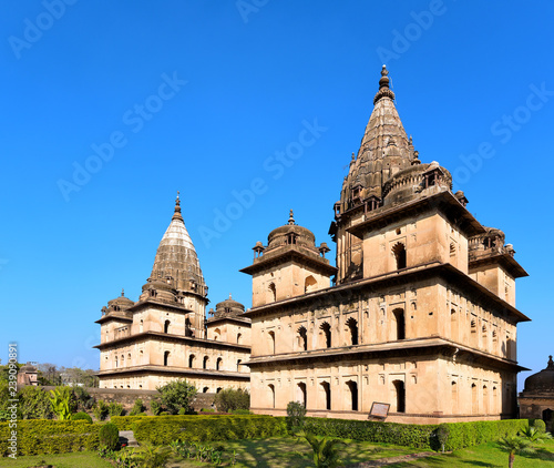 Chhatris memorials along the banks of the Betwa River in Orchha  India. 