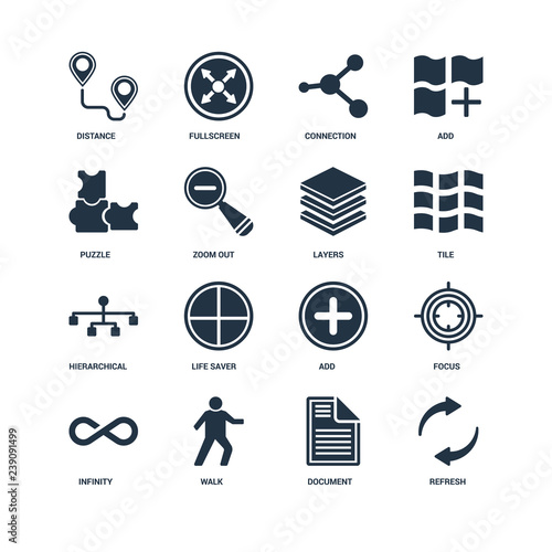 Set Of 16 icons such as Refresh, Document, Walk, Infinity, Focus