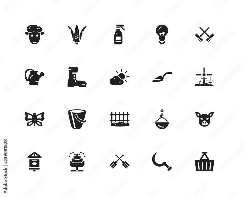 Set Of 20 icons such as Basket, Sickle, Fork, Fountain, Bird house, Rake, Trowel, Fence, Butterfly, Boots, Sprayer, icon pack Set Of 20 icons such as Basket, Sickle, Fork, Fountain, Bird house, Rake, Trowel, Fence, Butterfly, Boots, Sprayer, icon pack
