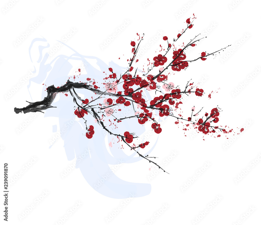 Fototapeta premium Realistic Sakura Blossom - Japanese Cherry Tree. Artistic Branch Plum Blossom.