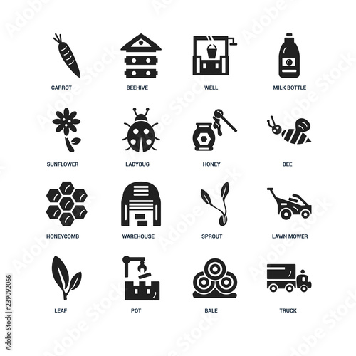 Set Of 16 icons such as Truck, Bale, Pot, Leaf, Lawn mower, Carrot, Sunflower, Honeycomb, Honey icon