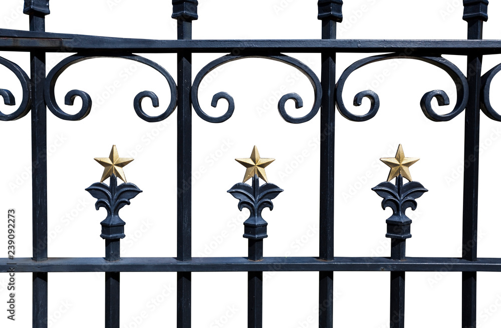 Isolated black wrought iron fence with gold stars. Isolated. Isolated black wrought iron fence with gold stars. Isolated.