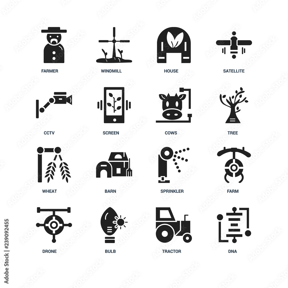 Set Of 16 icons such as Dna, Tractor, Bulb, Drone, Farm, Farmer, Cctv, Wheat, Cows icon Set Of 16 icons such as Dna, Tractor, Bulb, Drone, Farm, Farmer, Cctv, Wheat, Cows icon
