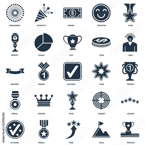 Set Of 25 icons such as Podium, Goal, Rise, Medal, Success, Idea, Star, Trophy, Money, Confetti icon
