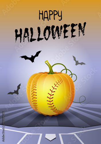 Happy Halloween. Sports greeting card. Realistic softball ball in the shape of a Pumpkin. Vector illustration.