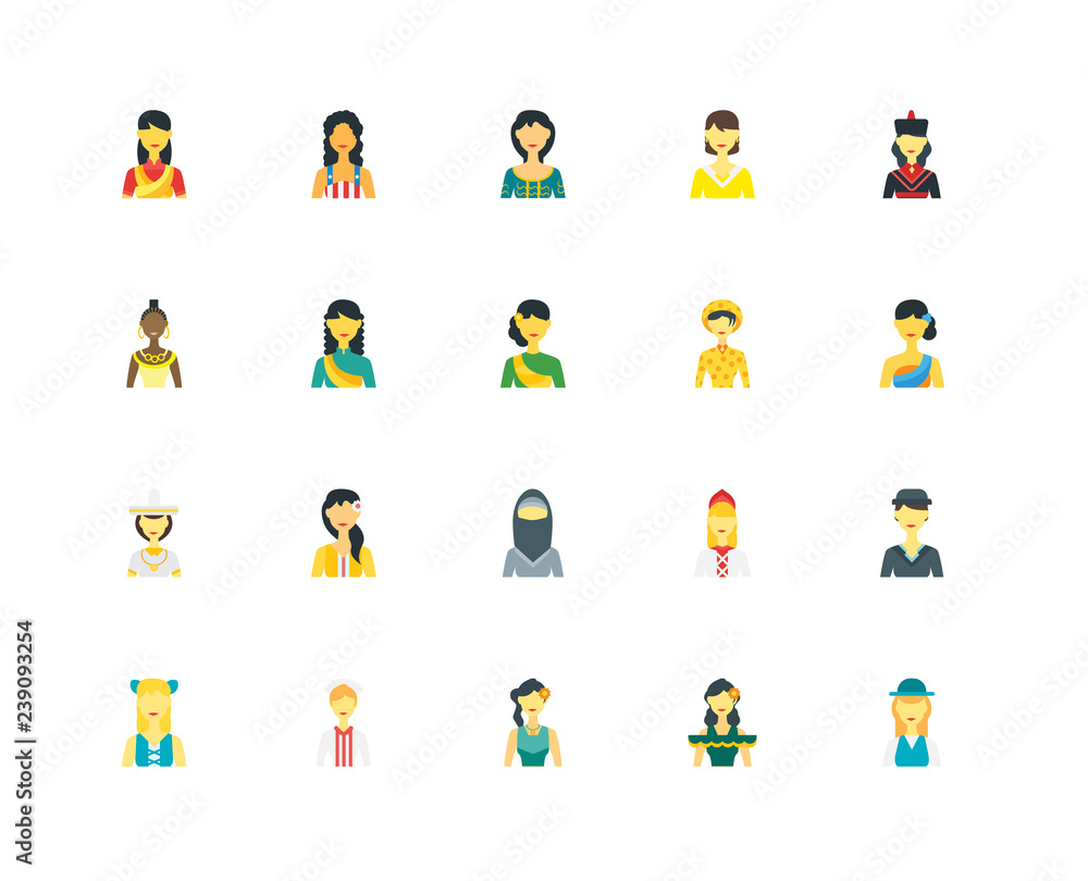 Simple Set of 20 Vector Icon. Contains such Icons as Greek, Indonesia, Mongolian, Woman, Finland, American, Russian, African. Editable Stroke pixel perfect