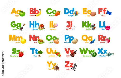 Cute cartoon animals alphabet for children education. Vector illustrations with descriptions. All elements are isolated. Letters and words. Flora, fauna, animals. Learn to read. 