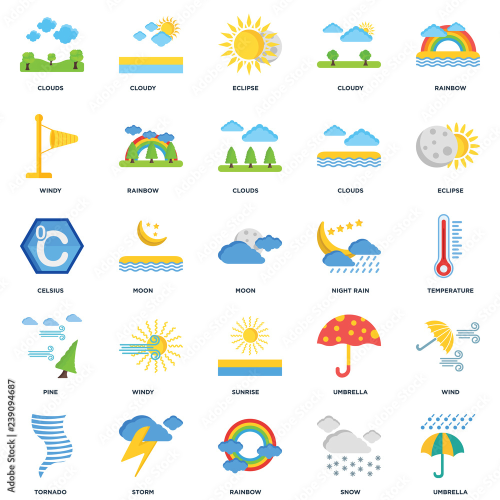 Set Of 25 icons such as Umbrella, Snow, Rainbow, Storm, Tornado, Eclipse, Night rain, Sunrise, Pine, Windy, Cloudy icon