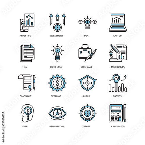 Simple Set of 16 Vector Icon. Contains such Icons as Calculator, Light bulb, Analytics, undefined, Growth, Settings, Investment. Editable Stroke pixel perfect