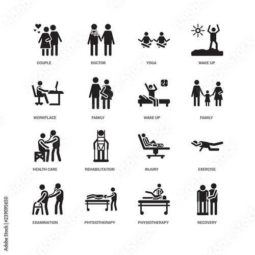 Simple Set of 16 Vector Icon. Contains such Icons as Recovery, Family, Couple, undefined, Exercise, Rehabilitation, Doctor. Editable Stroke pixel perfect