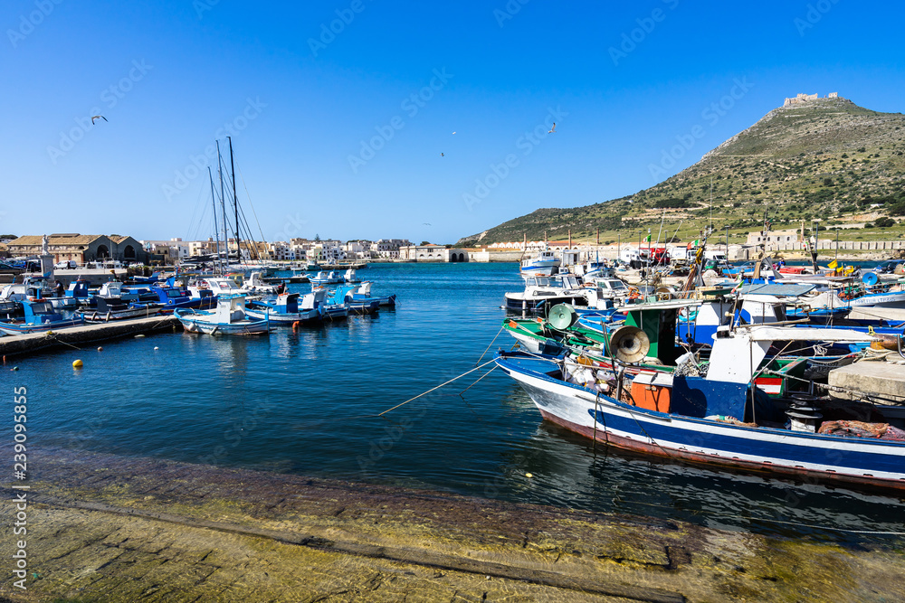 Traditional colorful fishing boats at Favignana harbor in a beautiful sunny day, Aegadian Islands, Sicily, Italy