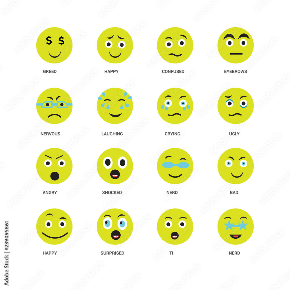 Fototapeta premium 16 icons related to Nerd, Ti, Surprised, Happy, Bad, Greed, Nervous, Angry, Crying, undefined, undefined signs. Vector illustration isolated on white background.