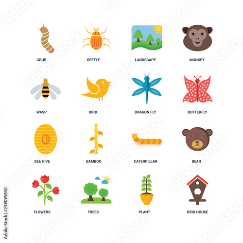Set Of 16 icons such as Bird house, Plant, Trees, Flowers, Bear,