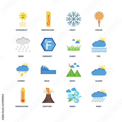 Set Of 16 icons such as Rainy, Windy, Eruption, Temperature, Clo