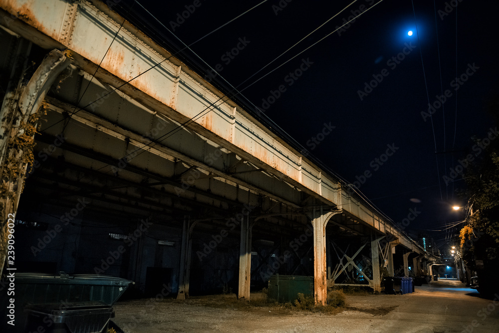 Obraz premium Dark and eerie urban city alley with a vintage railway bridge and the moon at night