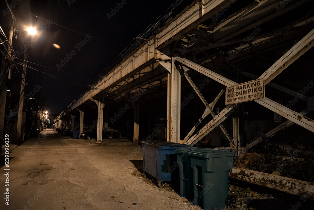 Dark and scary downtown urban city street alley under an eerie vintage industrial railroad subway bridge at night