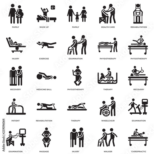 Simple Set of 25 Vector Icon. Contains such Icons as Chiropractic, Recovery, Physiotherapy, Wake up, Examination, Exercise, Wheelchair, Recovery. Editable Stroke pixel perfect