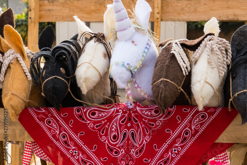 Hobby horses (stick horses) in the corral photo