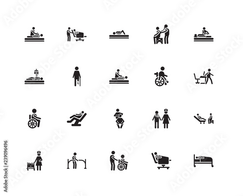 Simple Set of 20 Vector Icon. Contains such Icons as Patient, Pause, Massage, Examination, Nurse, Hospital bed, Doctor, Transfusion. Editable Stroke pixel perfect