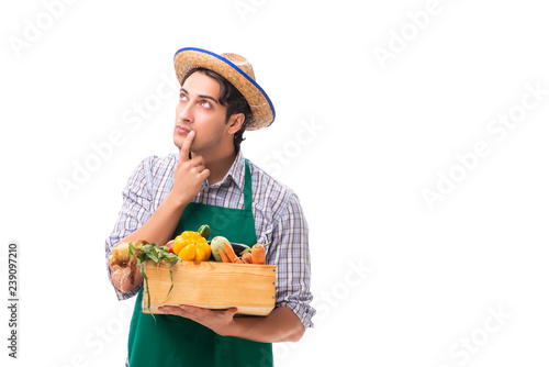 Young farmer with fresh produce isolated on white background