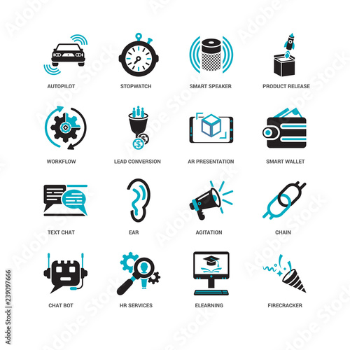Simple Set of 16 Vector Icon. Contains such Icons as Firecracker, Lead conversion, Autopilot, undefined, Chain, Ear, Stopwatch. Editable Stroke pixel perfect