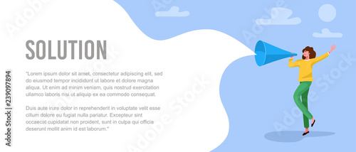 Flat style, A woman shouting in a big paper trumpet with business plan, vector illustration