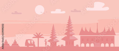 Indonesia travel banner landscape of Indonesia landmarks at sunrise vector illustration 