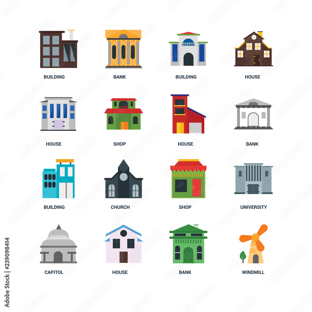 Set Of 16 icons such as Windmill, Bank, House, Capitol, University, Building, House icon